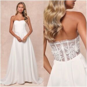 LULU’S Eternal Gratitude White Floral Embroidered Strapless Maxi Dress